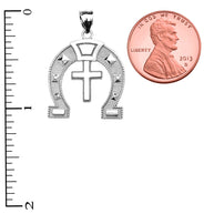 .925 Sterling Silver Striped Horseshoe Cross Milgrain Pendant Necklace