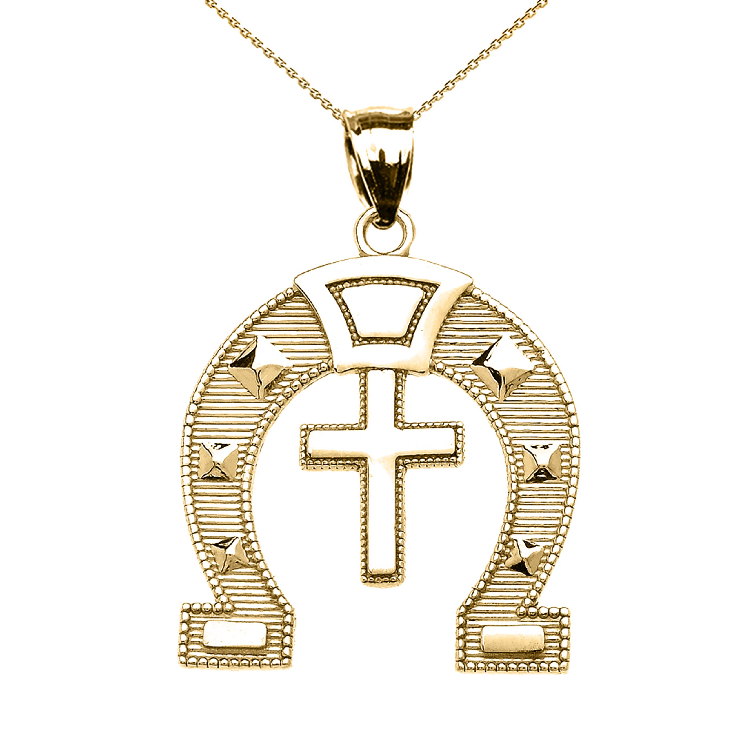Gold Striped Horseshoe Cross Milgrain Pendant Necklace (Available in Yellow/Rose/White Gold)
