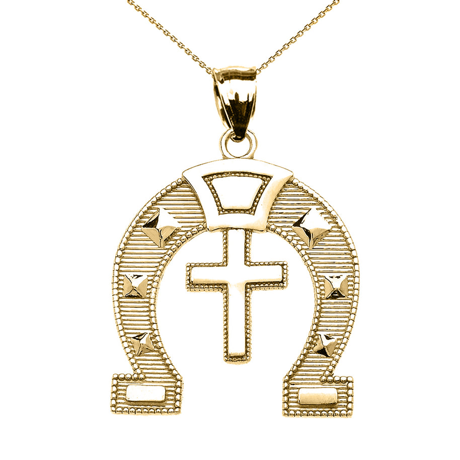 Gold Striped Horseshoe Cross Milgrain Pendant Necklace (Available in Yellow/Rose/White Gold)