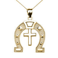 Gold Striped Horseshoe Cross Milgrain Pendant Necklace (Available in Yellow/Rose/White Gold)