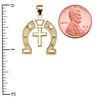 Gold Striped Horseshoe Cross Milgrain Pendant Necklace (Available in Yellow/Rose/White Gold)