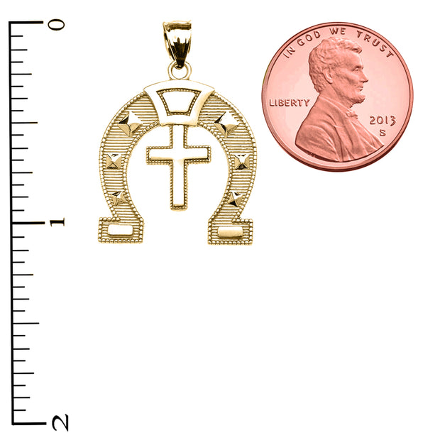 Gold Striped Horseshoe Cross Milgrain Pendant Necklace (Available in Yellow/Rose/White Gold)