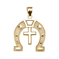 Gold Striped Horseshoe Cross Milgrain Pendant Necklace (Available in Yellow/Rose/White Gold)