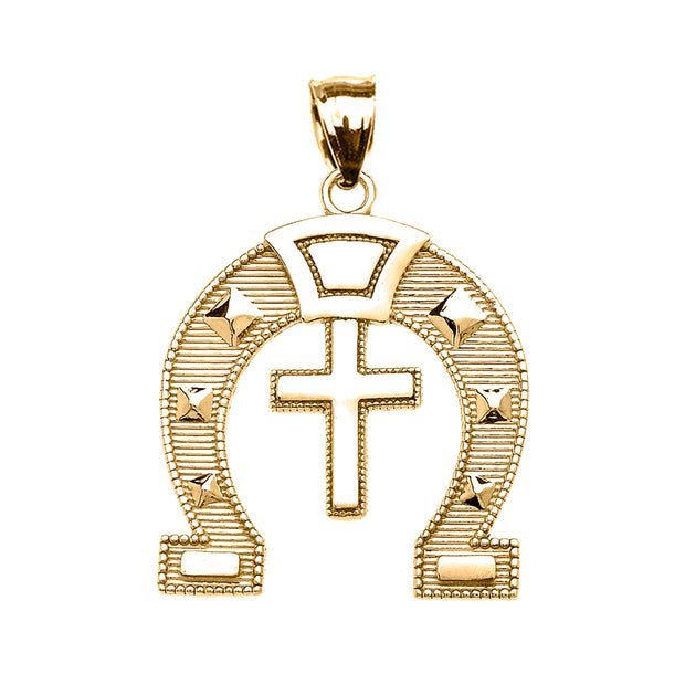 Gold Striped Horseshoe Cross Milgrain Pendant Necklace (Available in Yellow/Rose/White Gold)