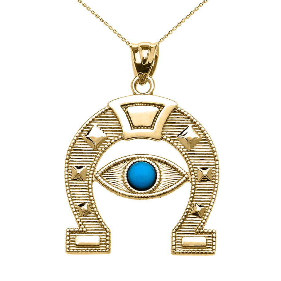 Solid Gold Evil Eye Protection Horse Shoe Good luck Pedant Necklace(Available In Yellow/Rose/White Gold)