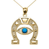 Solid Gold Evil Eye Protection Horse Shoe Good luck Pedant Necklace(Available In Yellow/Rose/White Gold)