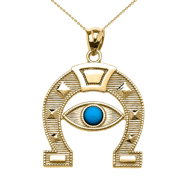 Solid Gold Evil Eye Protection Horse Shoe Good luck Pedant Necklace(Available In Yellow/Rose/White Gold)