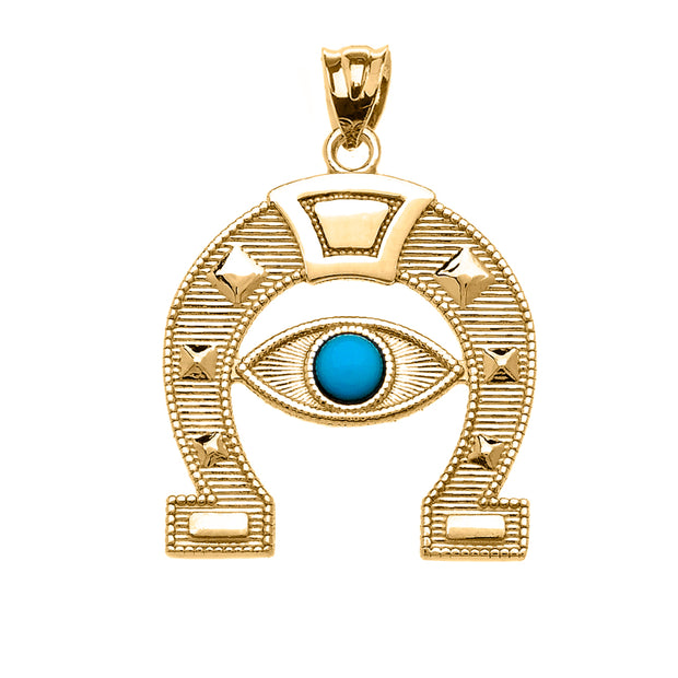 Solid Gold Evil Eye Protection Horse Shoe Good luck Pedant Necklace(Available In Yellow/Rose/White Gold)