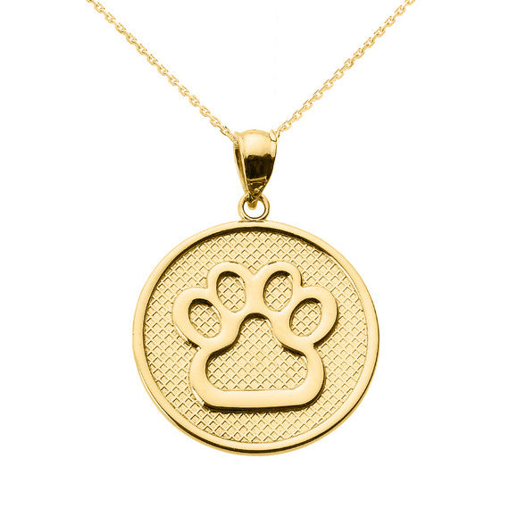 Gold Dog Paw Print Disc Pendant Necklace(Available In Yellow/Rose/White Gold)