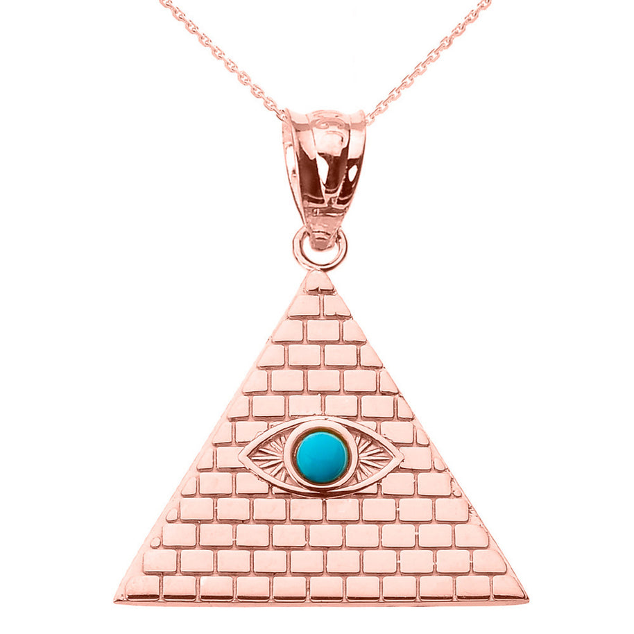 Gold Egyptian Pyramid Genuine Turquoise Gemstone Evil Eye Pendant Necklace (Available in Yellow/Rose/White Gold)