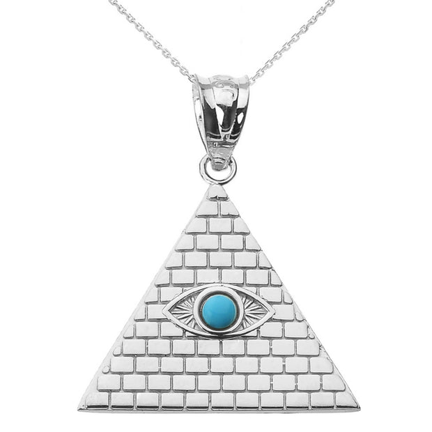 .925 Sterling Silver Egyptian Pyramid Genuine Turquoise Gemstone Evil Eye Pendant Necklace