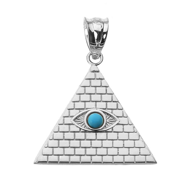 .925 Sterling Silver Egyptian Pyramid Genuine Turquoise Gemstone Evil Eye Pendant Necklace