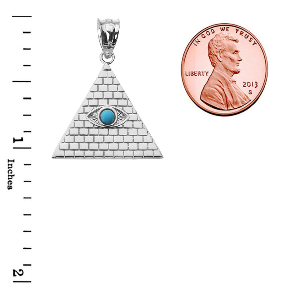 .925 Sterling Silver Egyptian Pyramid Genuine Turquoise Gemstone Evil Eye Pendant Necklace