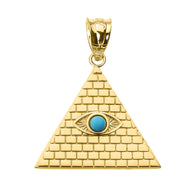 Gold Egyptian Pyramid Genuine Turquoise Gemstone Evil Eye Pendant Necklace (Available in Yellow/Rose/White Gold)