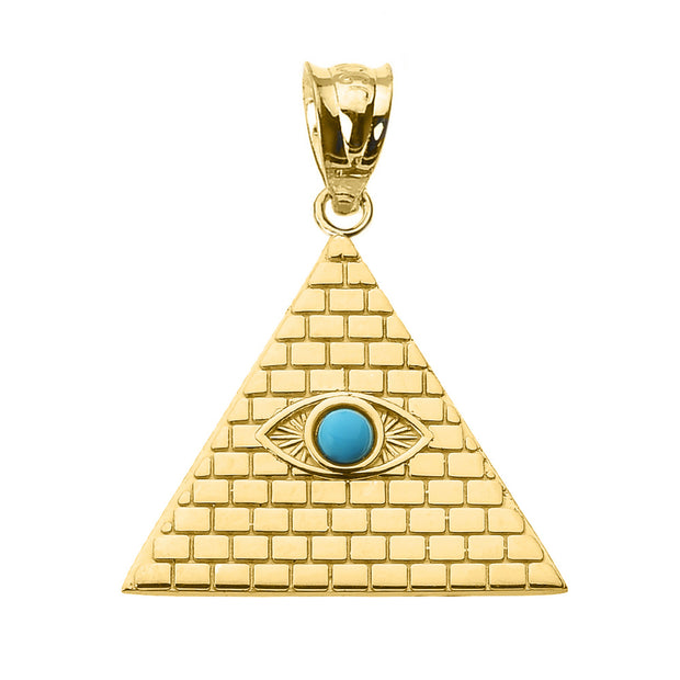 Gold Egyptian Pyramid Genuine Turquoise Gemstone Evil Eye Pendant Necklace (Available in Yellow/Rose/White Gold)