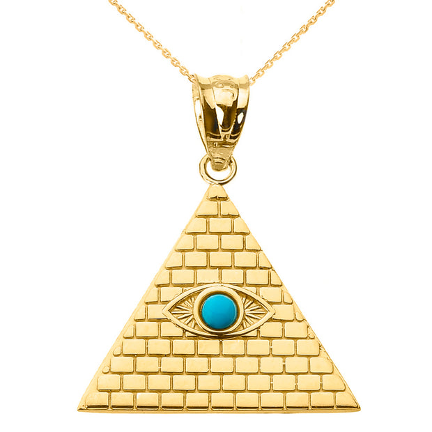 Gold Egyptian Pyramid Genuine Turquoise Gemstone Evil Eye Pendant Necklace (Available in Yellow/Rose/White Gold)