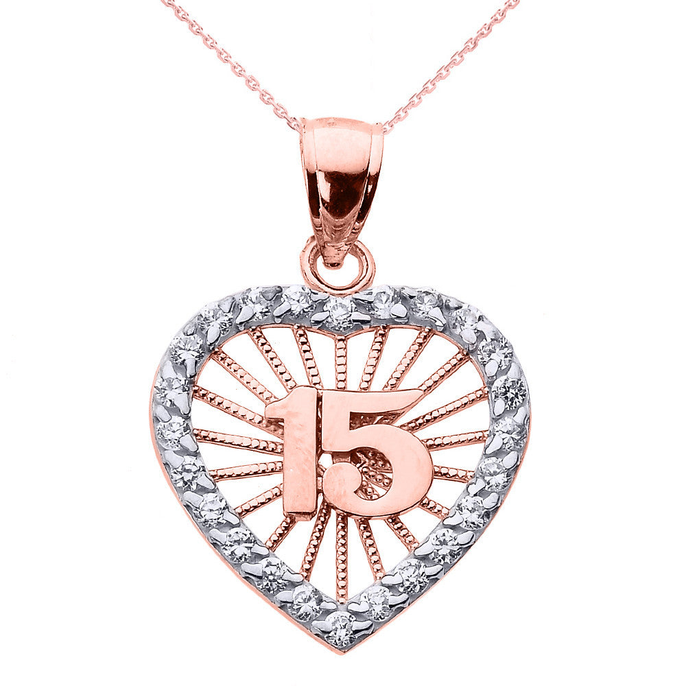 Tri-Color Gold Cubic Zirconia Heart Halo 15 Años Quinceañera Pendant Necklace(Available In Yellow/Rose/White Gold)