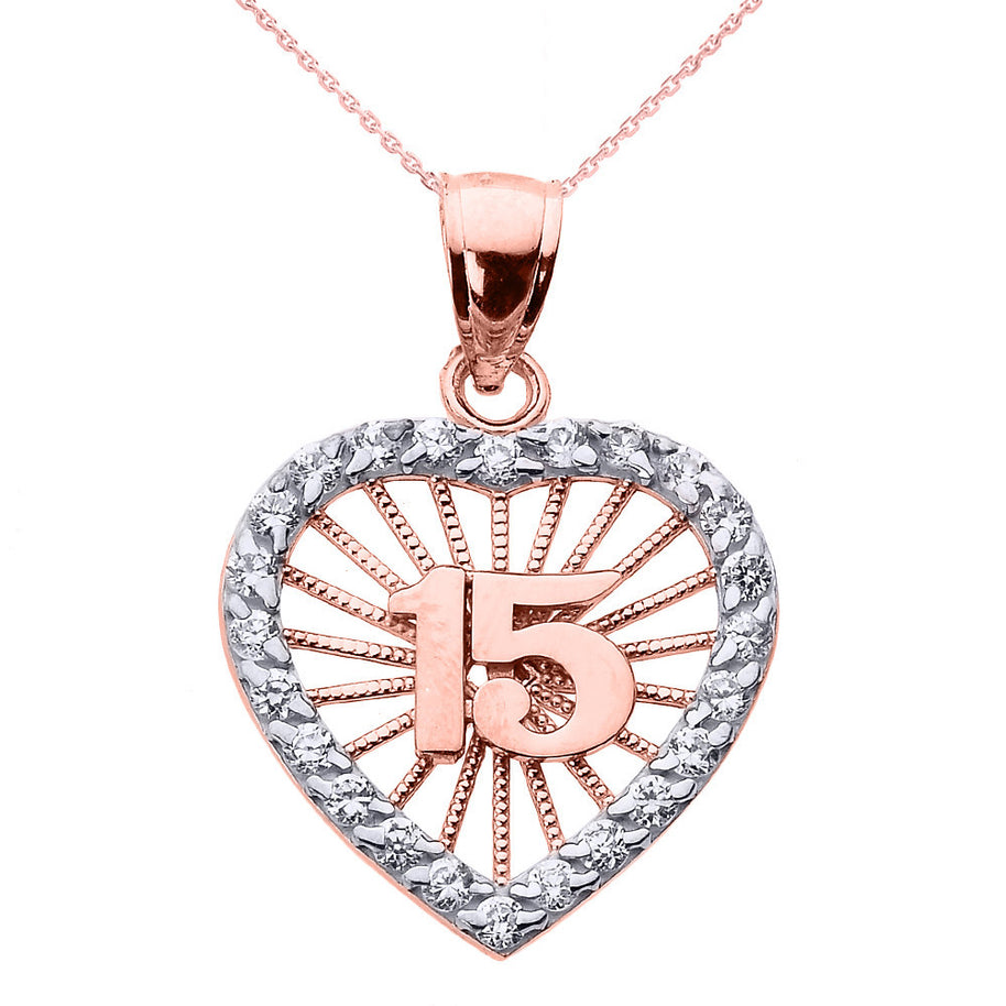 Tri-Color Gold Cubic Zirconia Heart Halo 15 Años Quinceañera Pendant Necklace(Available In Yellow/Rose/White Gold)