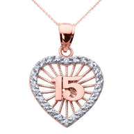 Tri-Color Gold Cubic Zirconia Heart Halo 15 Años Quinceañera Pendant Necklace(Available In Yellow/Rose/White Gold)