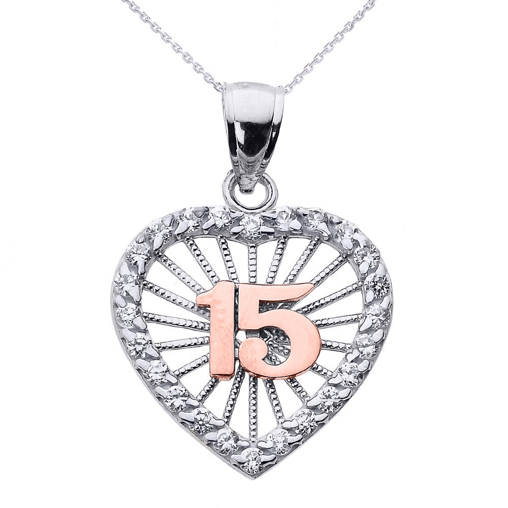 Tri-Color Gold Cubic Zirconia Heart Halo 15 Años Quinceañera Pendant Necklace(Available In Yellow/Rose/White Gold)