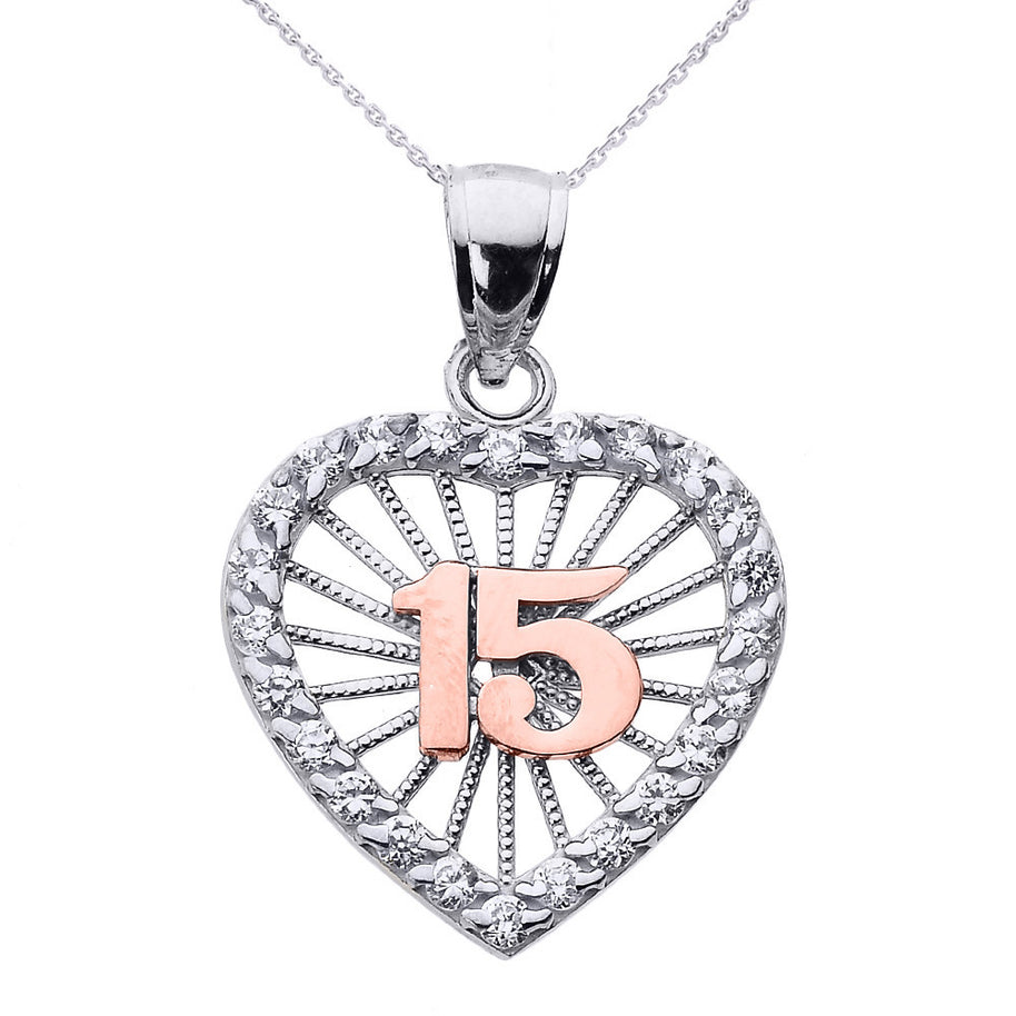 Tri-Color Gold Cubic Zirconia Heart Halo 15 Años Quinceañera Pendant Necklace(Available In Yellow/Rose/White Gold)
