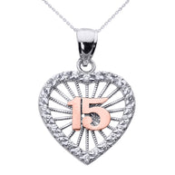 Tri-Color Gold Cubic Zirconia Heart Halo 15 Años Quinceañera Pendant Necklace(Available In Yellow/Rose/White Gold)