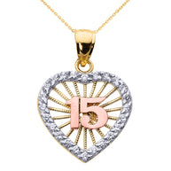 Tri-Color Gold Cubic Zirconia Heart Halo 15 Años Quinceañera Pendant Necklace(Available In Yellow/Rose/White Gold)