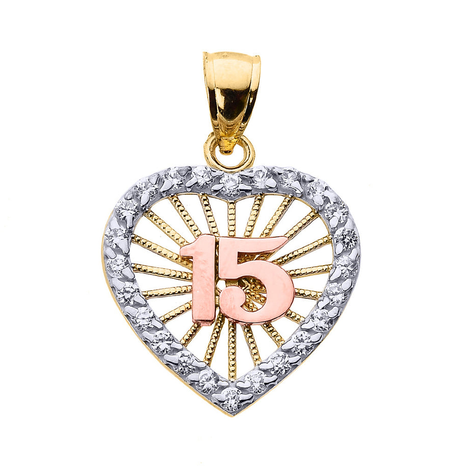 Tri-Color Gold Cubic Zirconia Heart Halo 15 Años Quinceañera Pendant Necklace(Available In Yellow/Rose/White Gold)
