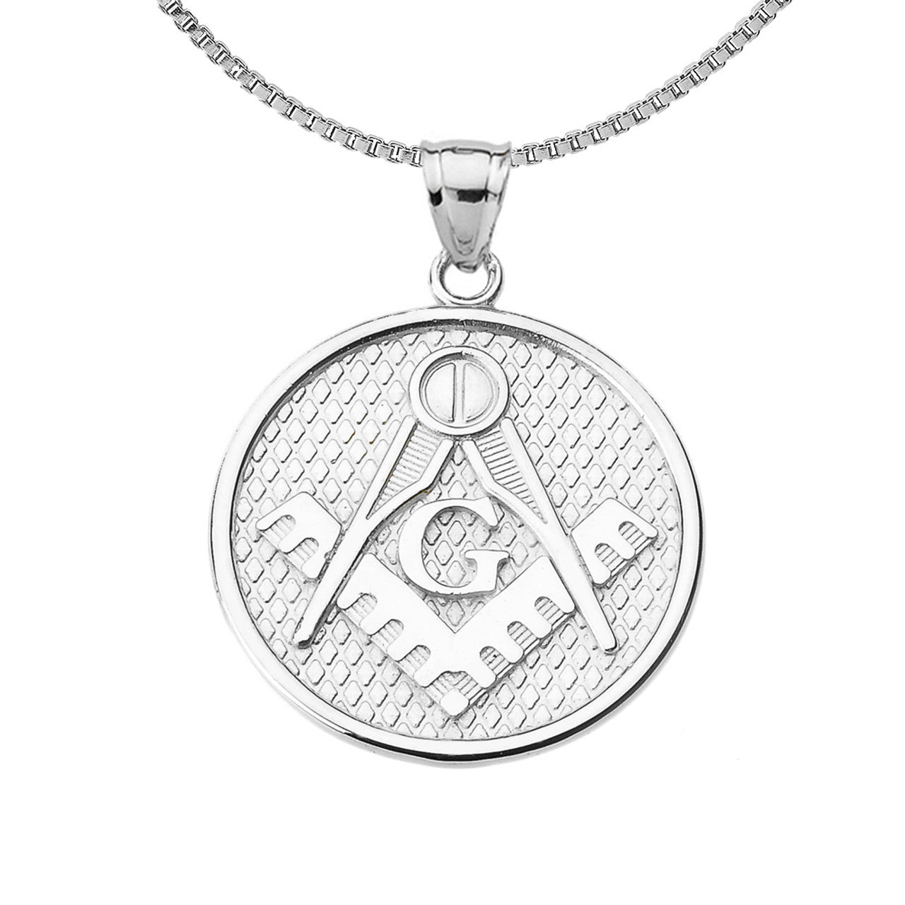 .925 Sterling Silver Freemason Square & Compass Round Medallion Pendant Necklace