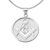 .925 Sterling Silver Freemason Square & Compass Round Medallion Pendant Necklace