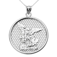 .925 Sterling Silver Patron Saint Michael Archangel Textured Medallion Pendant Necklace
