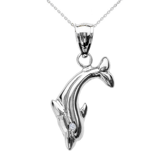 .925 Sterling Silver Diamond Dolphin Pendant Necklace
