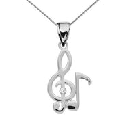 Diamond Treble Clef And Eighth Note Music Sterling Silver Pendant Necklace