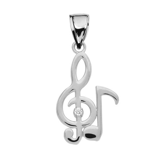 Diamond Treble Clef And Eighth Note Music Sterling Silver Pendant Necklace