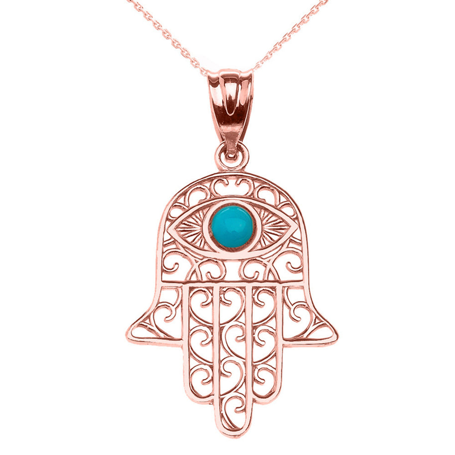 Gold Hamsa Hand With Turquoise Evil Eye Pendant Necklace(Available In Yellow/Rose/White Gold)