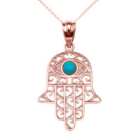 Gold Hamsa Hand With Turquoise Evil Eye Pendant Necklace(Available In Yellow/Rose/White Gold)