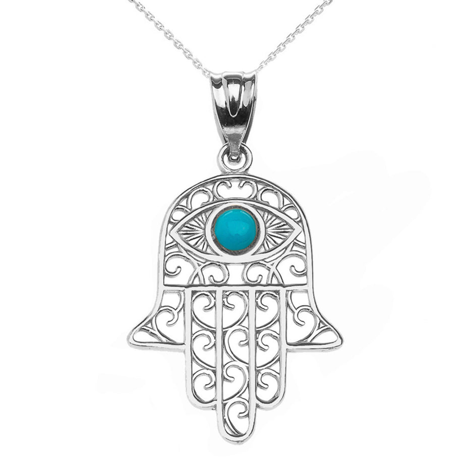 Gold Hamsa Hand With Turquoise Evil Eye Pendant Necklace(Available In Yellow/Rose/White Gold)