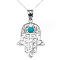 Gold Hamsa Hand With Turquoise Evil Eye Pendant Necklace(Available In Yellow/Rose/White Gold)