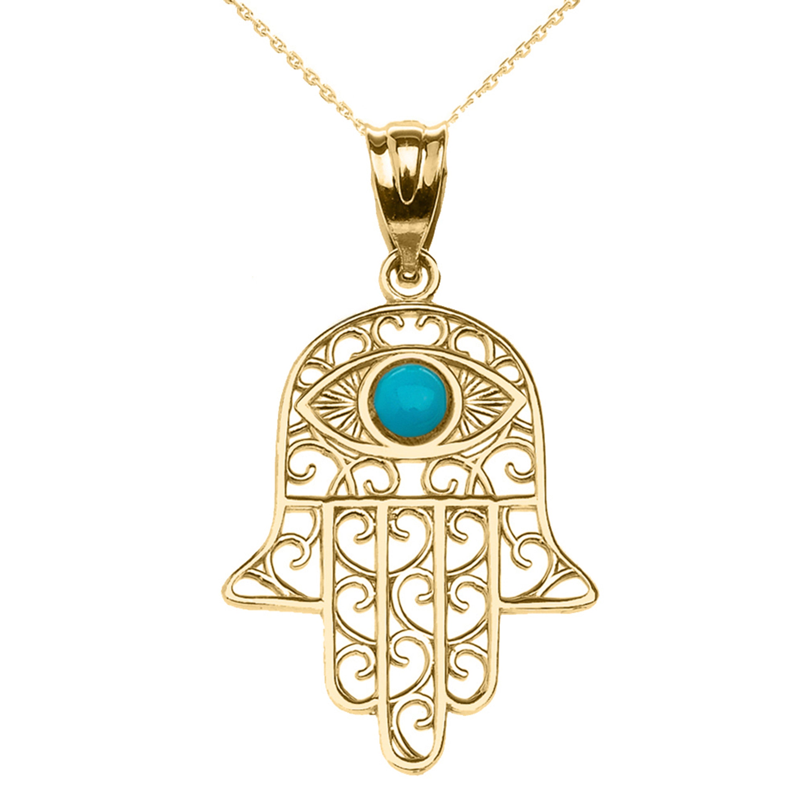 Gold Hamsa Hand With Turquoise Evil Eye Pendant Necklace(Available In Yellow/Rose/White Gold)