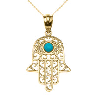 Gold Hamsa Hand With Turquoise Evil Eye Pendant Necklace(Available In Yellow/Rose/White Gold)