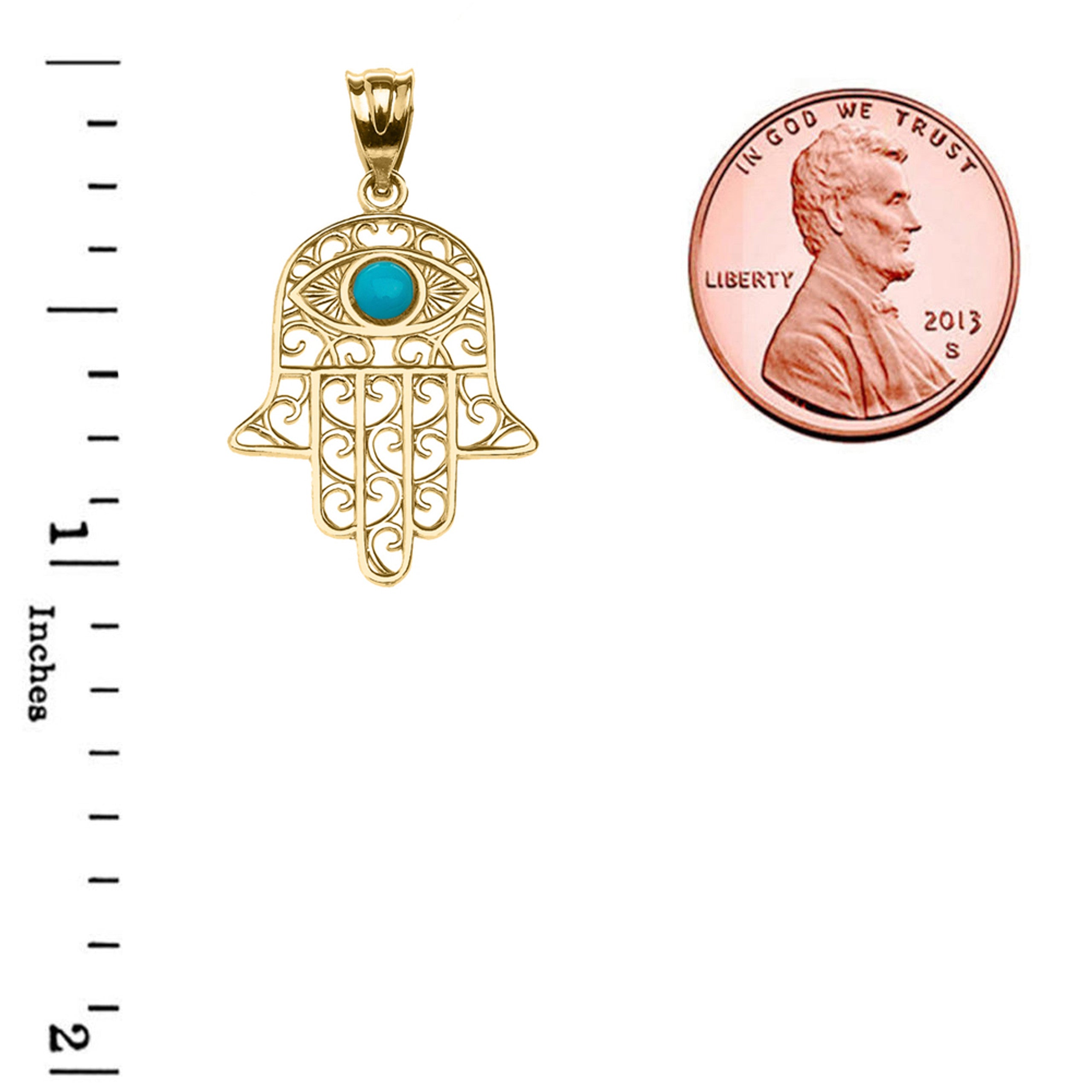 Gold Hamsa Hand With Turquoise Evil Eye Pendant Necklace(Available In Yellow/Rose/White Gold)