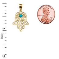 Gold Hamsa Hand With Turquoise Evil Eye Pendant Necklace(Available In Yellow/Rose/White Gold)