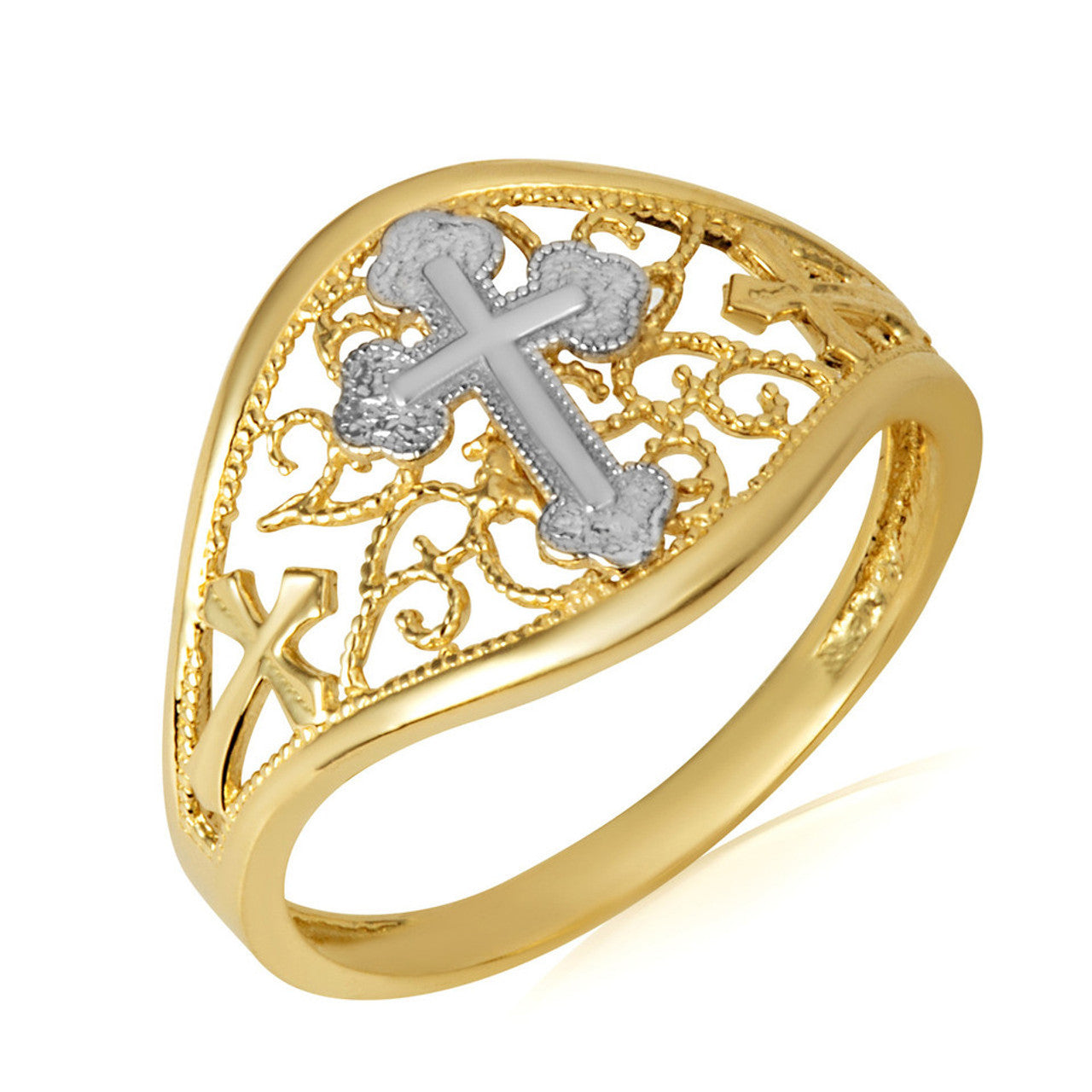 Two-Tone Filigree Cross Ring (Available in Yellow/Rose/White Gold)