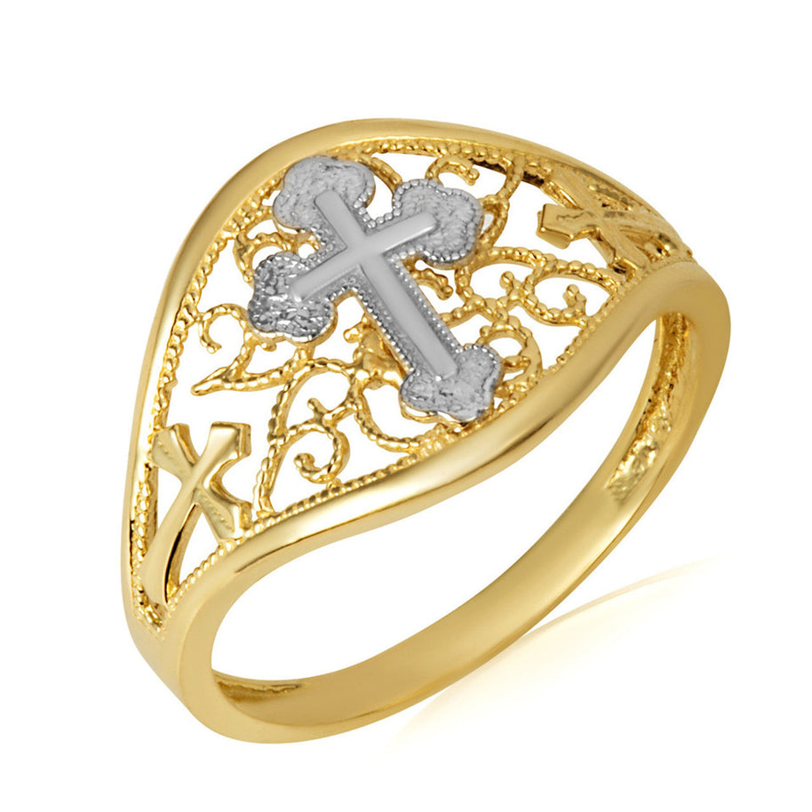 Two-Tone Filigree Cross Ring (Available in Yellow/Rose/White Gold)