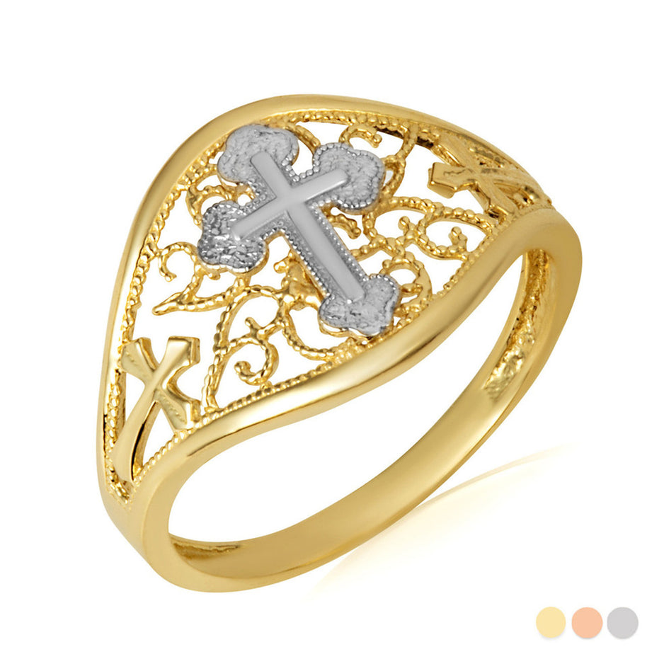 Two-Tone Filigree Cross Ring (Available in Yellow/Rose/White Gold)