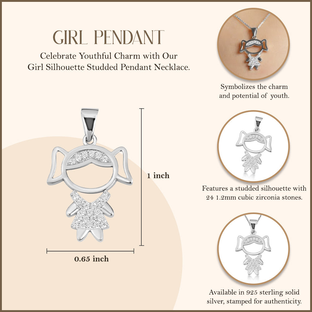 .925 Sterling Silver Girl Silhouette Studded Pendant Necklace