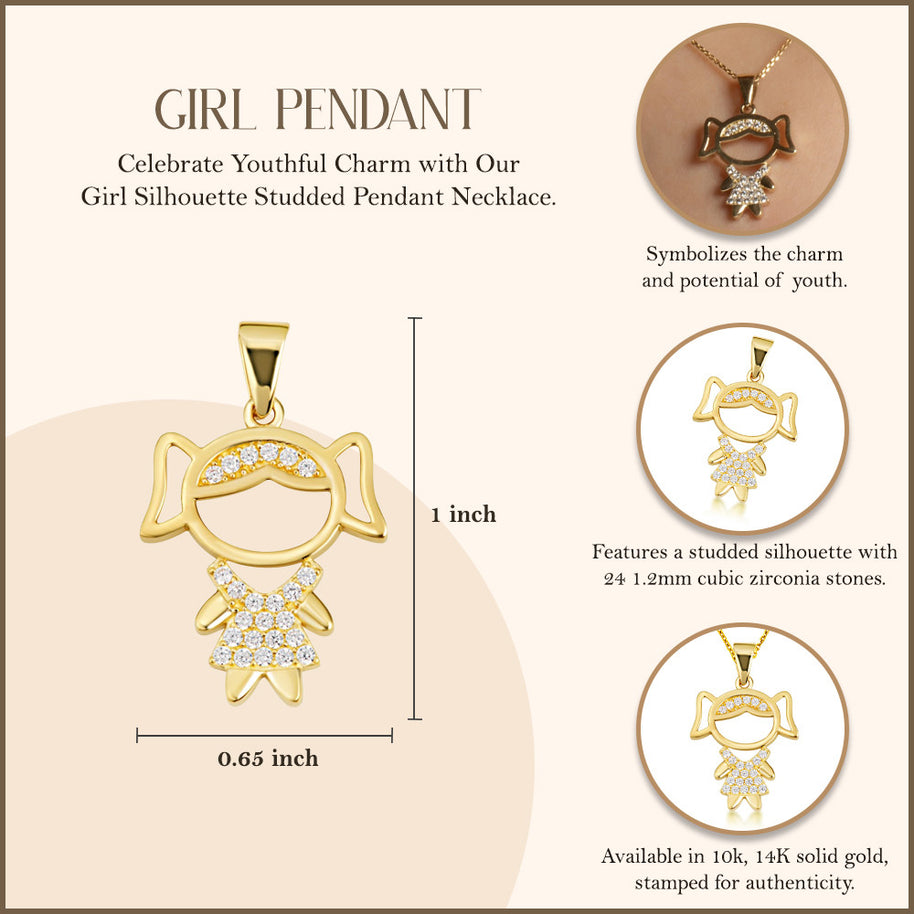 Gold Girl Silhouette Studded Pendant Necklace (Available in Yellow/Rose/White Gold)