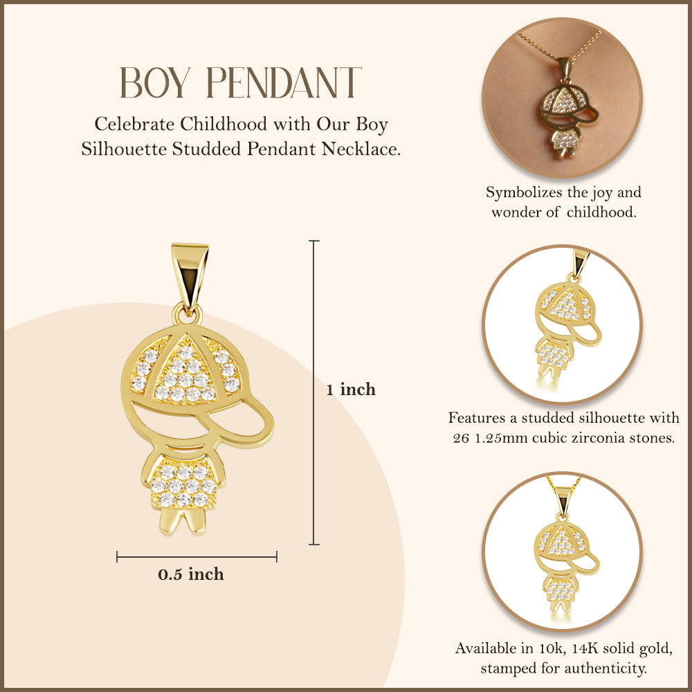 Gold Boy Silhouette Studded Pendant Necklace (Available in Yellow/Rose/White Gold)