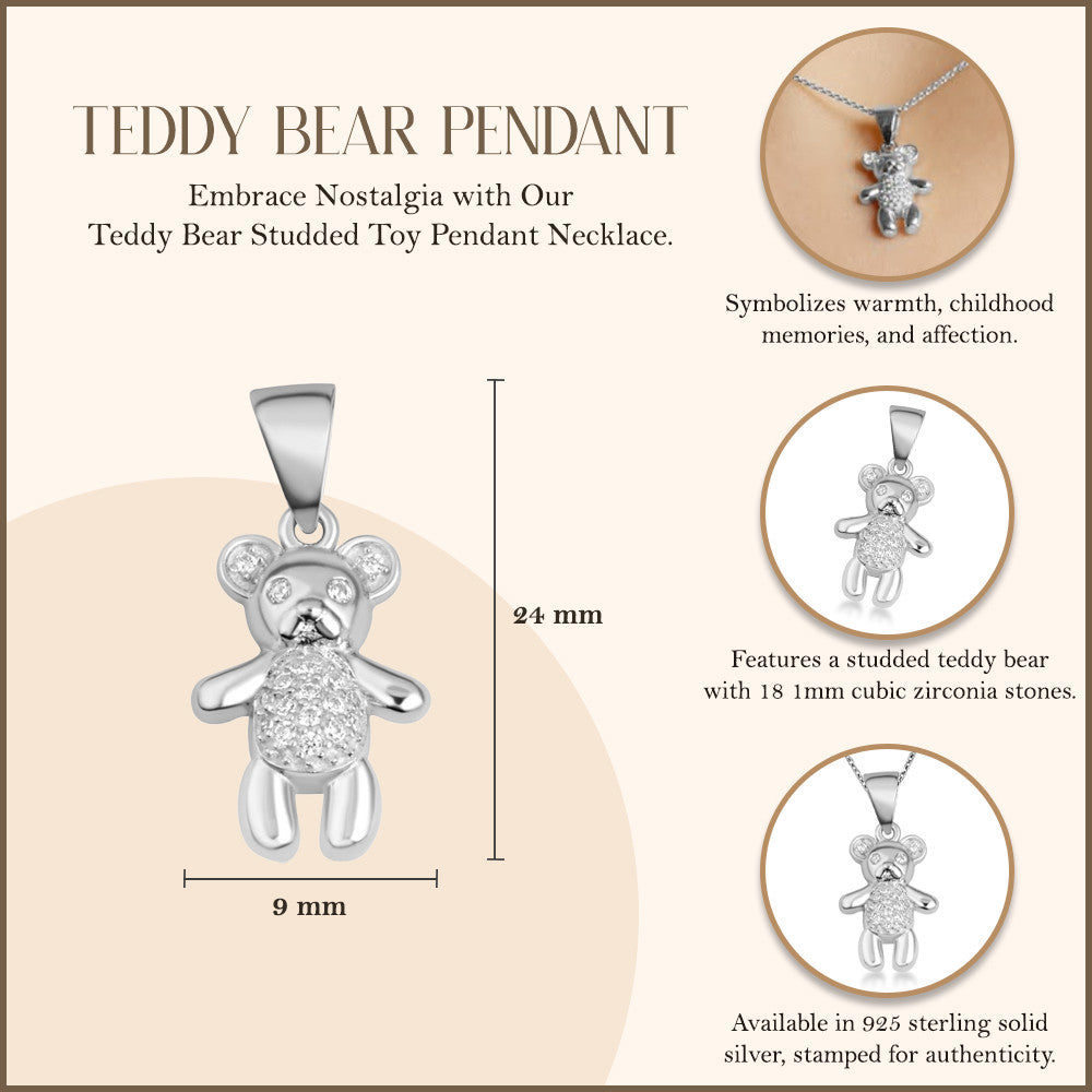.925 Sterling Silver Teddy Bear Studded Toy Pendant Necklace