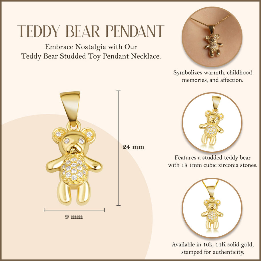 Gold Teddy Bear Studded Toy Pendant Necklace (Available in Yellow/Rose/White Gold)